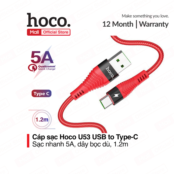 Cáp sạc nhanh và truyền dữ liệu Type C Hoco U53 hỗ trợ sạc nhanh 5A dành cho Huawei Oppo dài 120cm