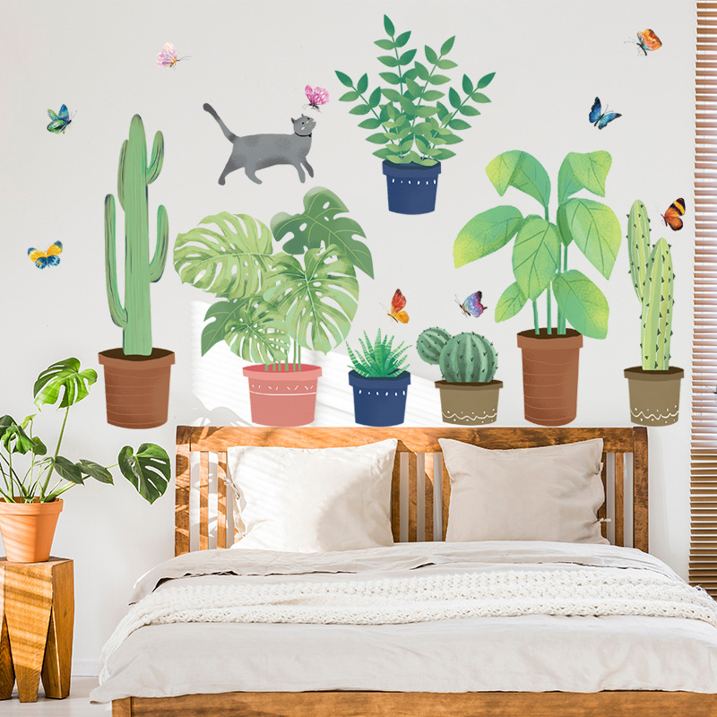 Decal dán tường kệ chậu cây và mèo XL7248