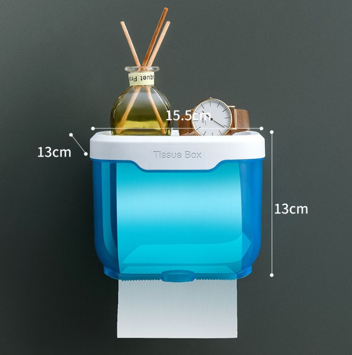 Hộp đựng giấy vệ sinh dính tường, có khay để đồ chống nước bắn, chất liệu nhựa PP, Tặng kèm keo dính tường siêu chịu lực