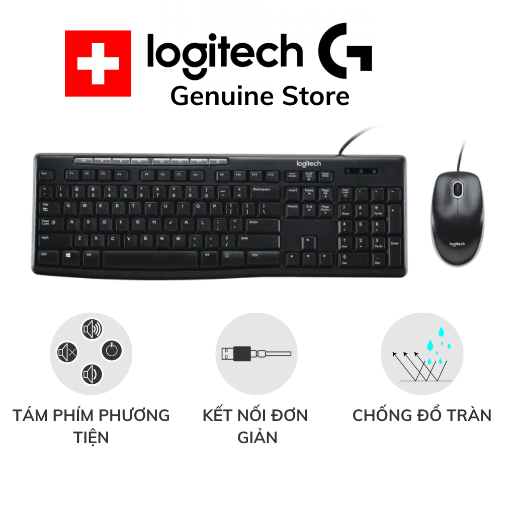 Bộ bàn phím chuột máy tính có dây Logitech MK200 tám phím phương tiện, chống nước đổ tràn, thoải mái cho cả hai tay
