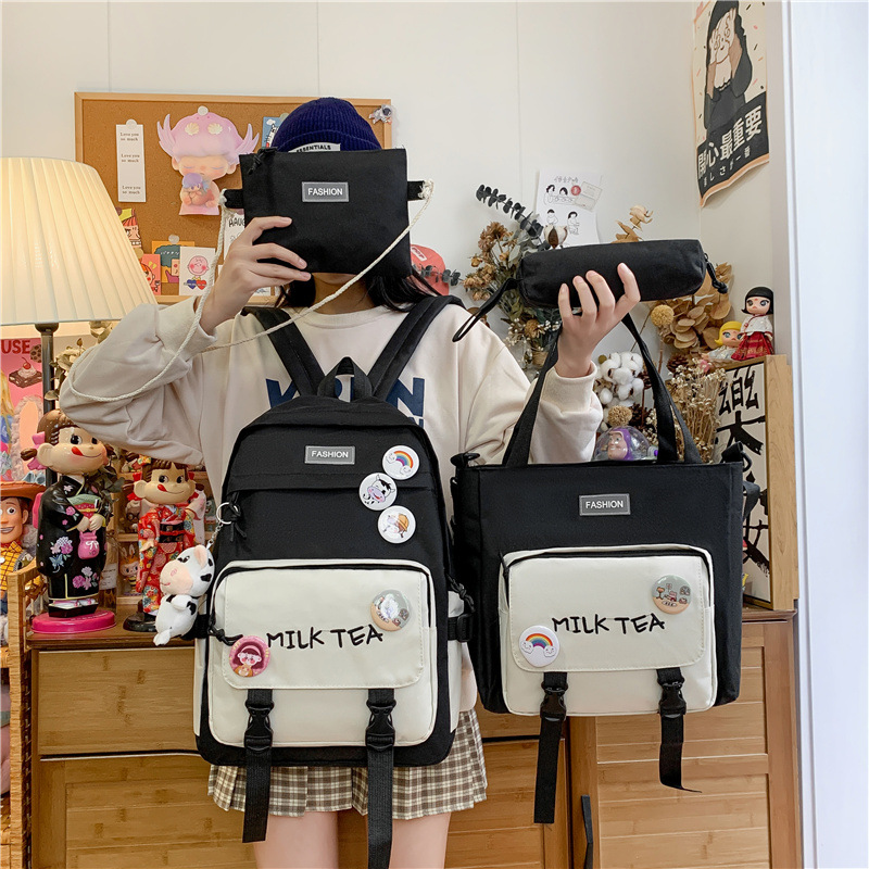 Balo Combo 4 Món, Balo Thời Trang Set 4 Món, đi học sinh sinh viên laptop Balo Nữ, Balo Đi Học Laptop milk tea