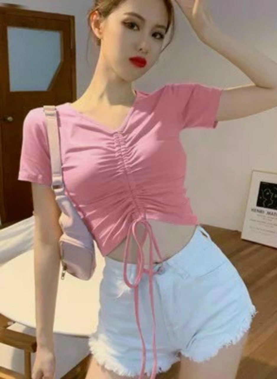 Áo croptop tay ngắn rút dây