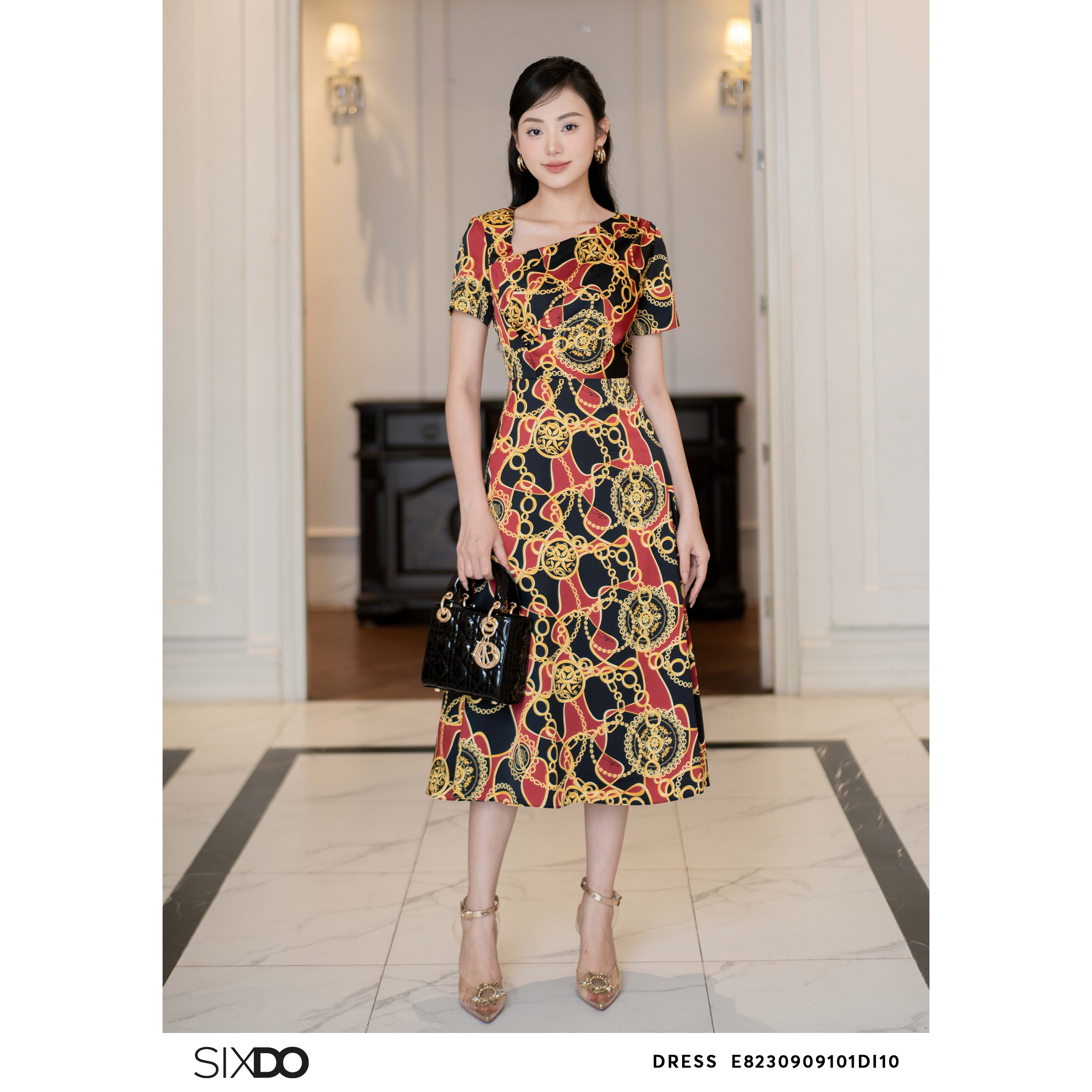 Đầm lụa họa tiết baroque cổ lệch SIXDO (Black Baroque Midi Silk Dress)