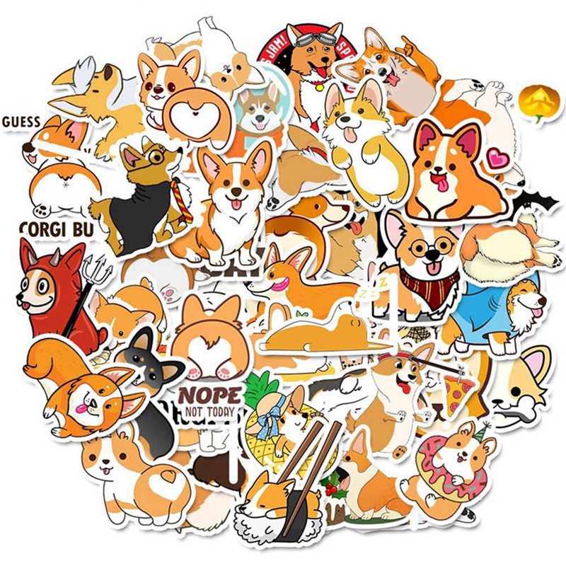 sticker chó corgi dễ thương set 30 đến 60 hình dán có ép lụa