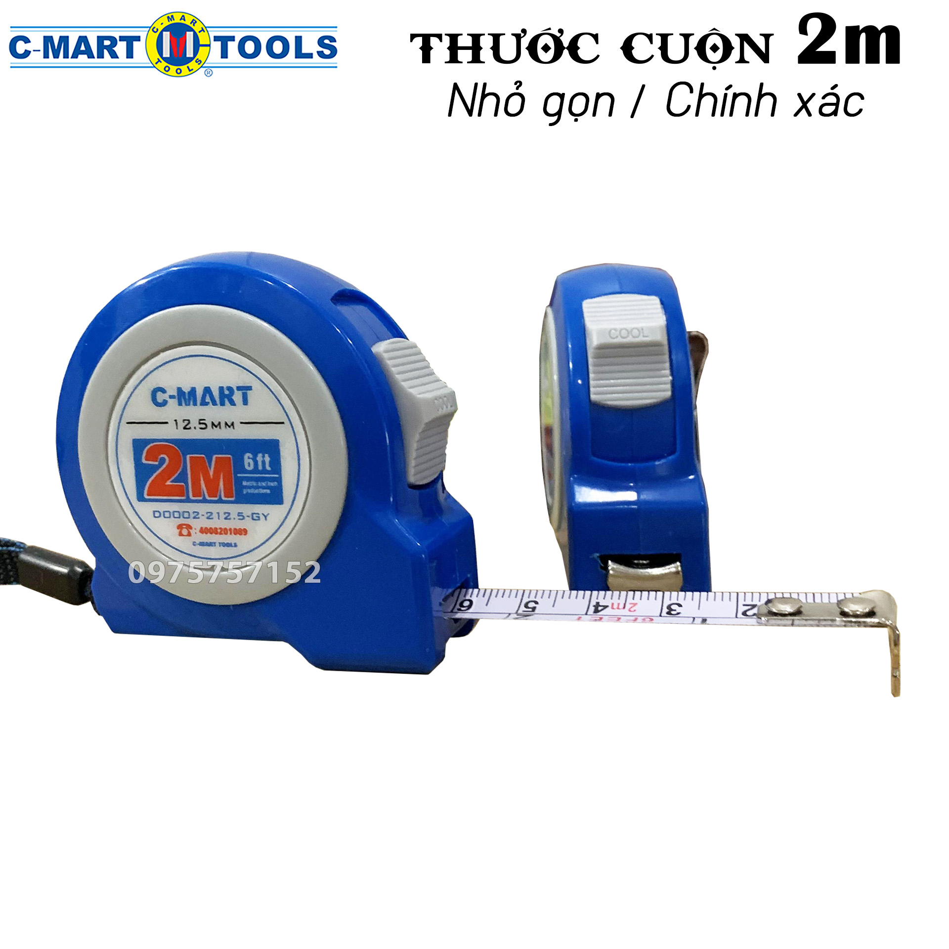 Thước rút, thước cuộn 2M/6FT C-Mart Đài Loan, bản rộng 12.5mm, vỏ màu xanh, chữ in sắc nét nền trắng, thiết kế gọn nhẹ, chắc chắn, dễ dàng mang theo, thước kéo 2m, thước rút 2m, thước cuộn 2m, thước 2 mét dụng cụ đo lường