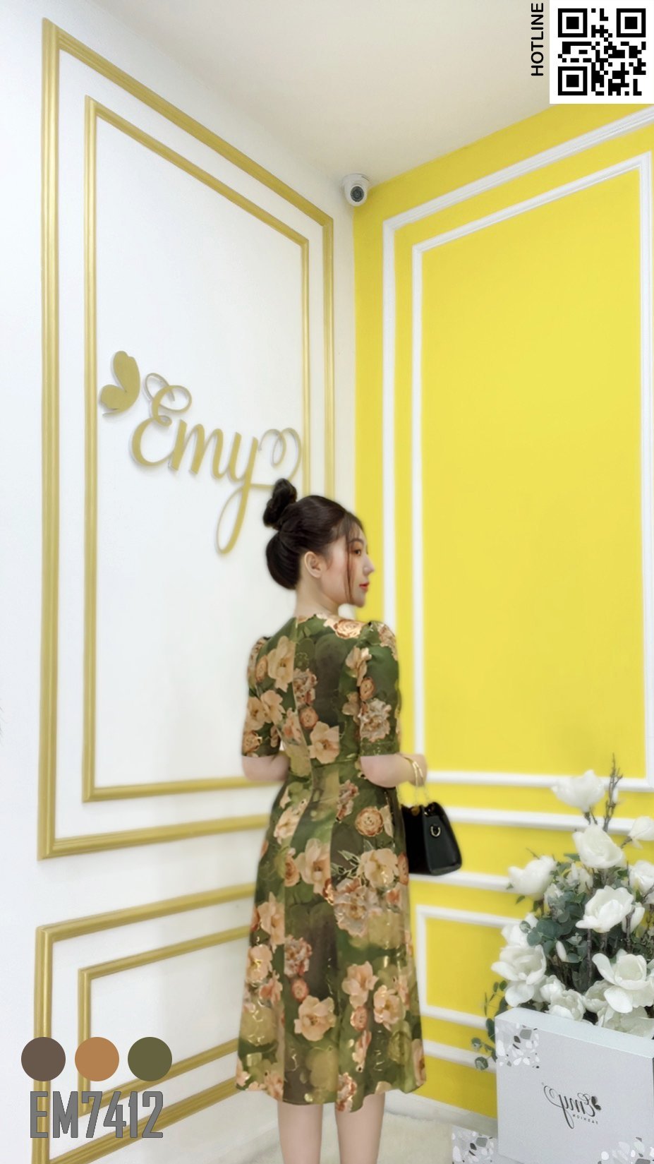 Đầm EMY EM7412 Xoè Cổ V Lụa Vân Pháp Xanh