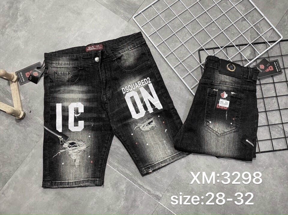 (CÓ VIDEO) Quần short jean nam DSQ đen rách phối IC.ON chất bò form skinny ôm body trên gối cao cấp
