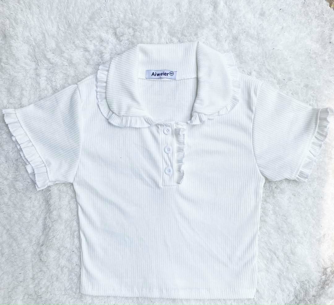 Áo croptop cổ bẻ viền bèo
