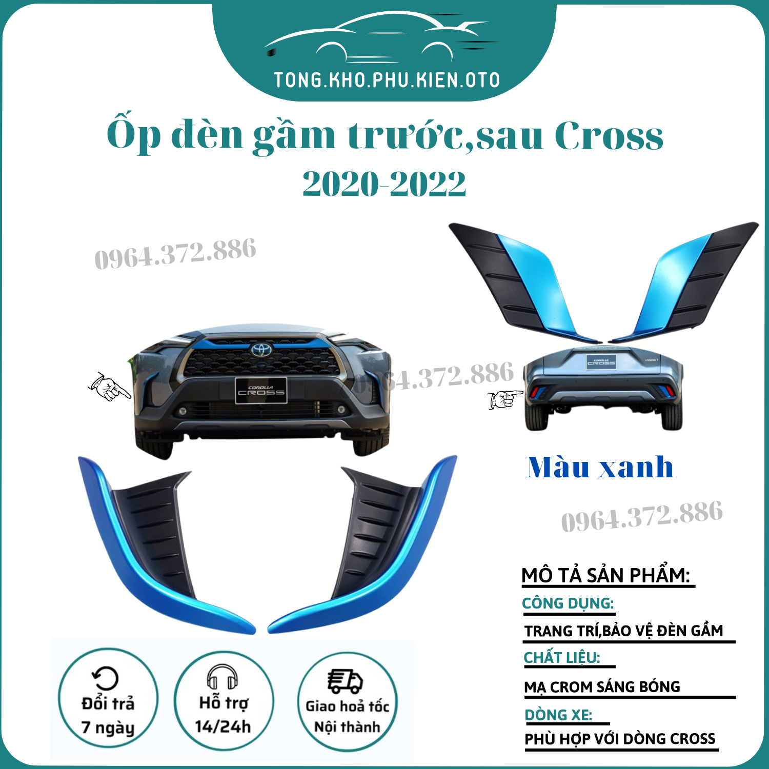 Ốp đèn gầm trước, sau xe toyota cross 2020 - 2023,2024 mẫu mạ crom, và màu xanh