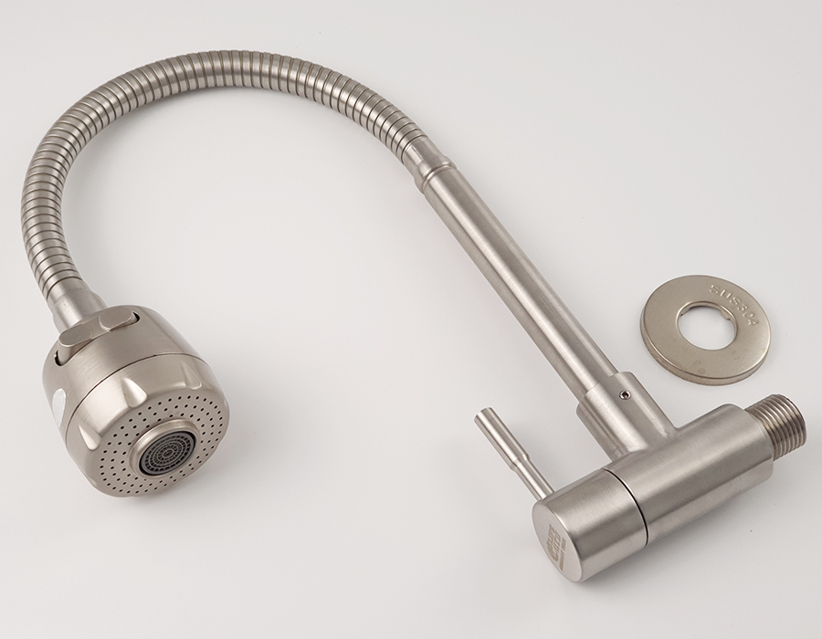 ( Có Video ) Vòi rửa chén lạnh âm tường Inox SUS 304, cần lò xo Eurolife EL-RC10 (Trắng vàng)