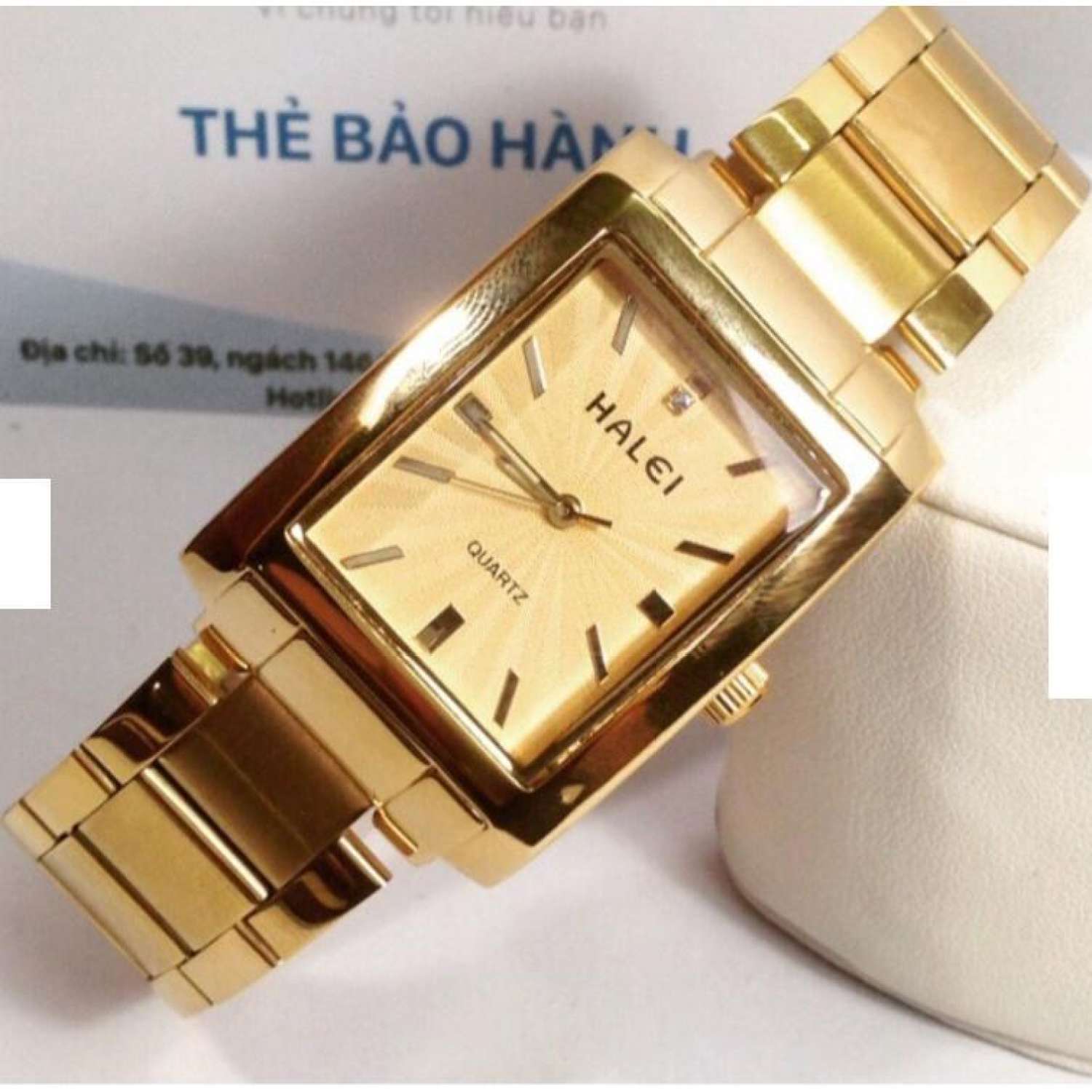 đồng hồ nam nữ mặt halei mặt vuông dây vàng mặt vàng HL0101