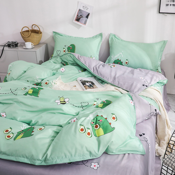 Trọn Bộ 4 Món Chăn Ga Gối Cotton Poly Nhập Mẫu KHỦNG LONG BƠ XANH