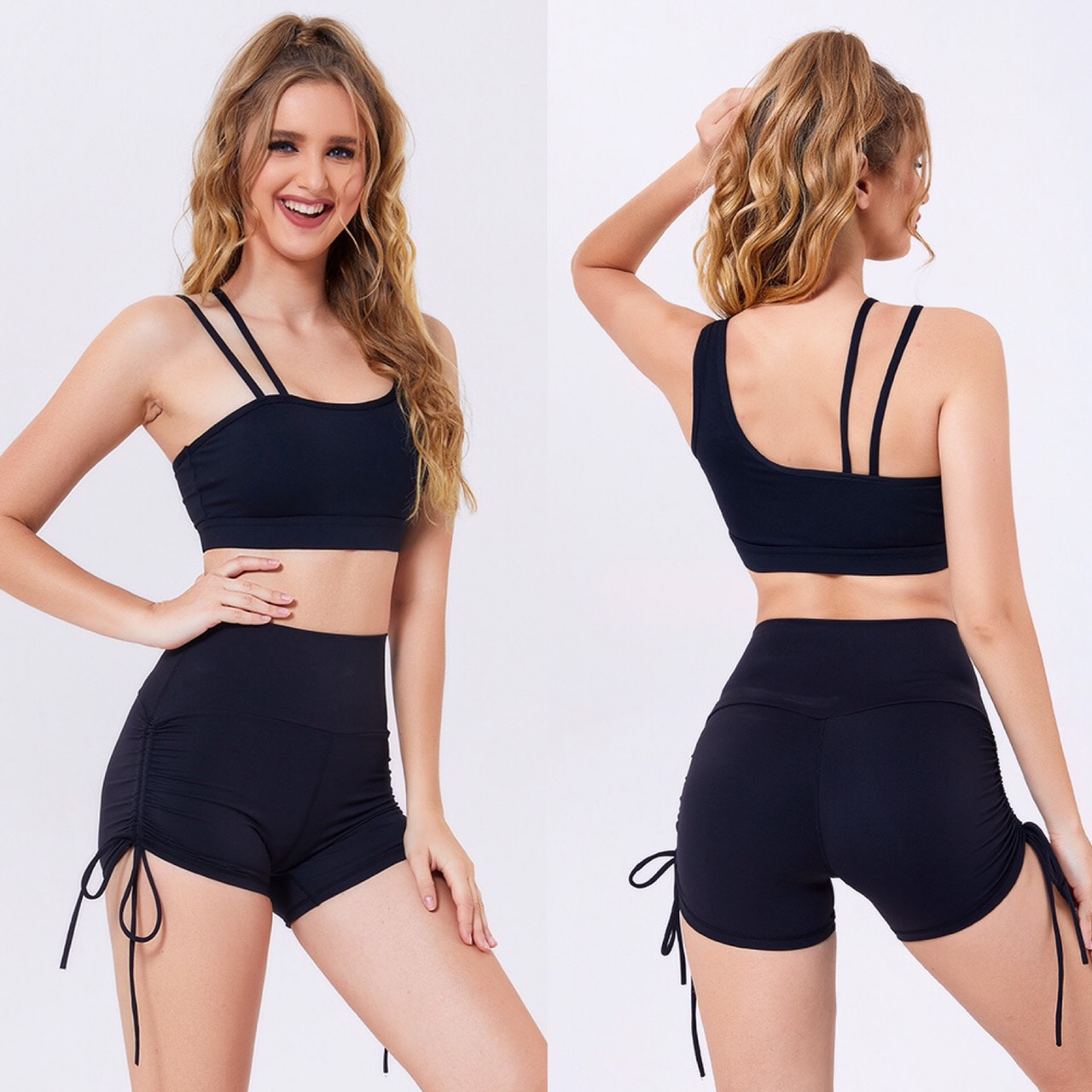 B015 bộ bra đùi nữ dây rút lệch vai có mút sẵn tập thể thao gym, yoga, zumba, earobic hcm