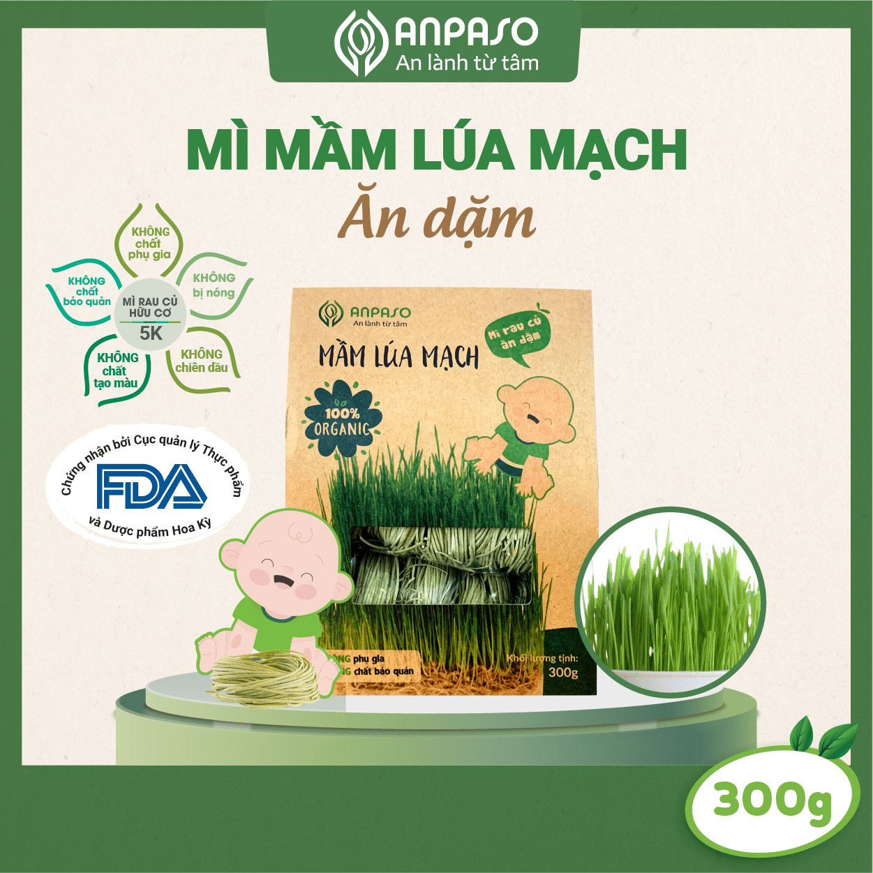 Mì Ăn Dặm Hữu Cơ Mầm Lúa Mạch Organic Anpaso cho bé từ 7 tháng bổ sung chất xơ, hỗ trợ tiêu hóa, giàu dưỡng chất (300g)