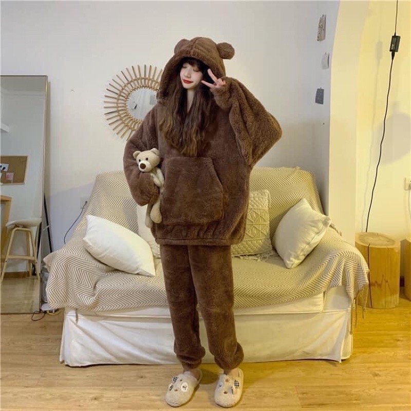 Bộ ngủ lông gấu hooide hàn quốc, bộ lông nữ, sét bộ đồ lông mũ tai gấu from rộng, bộ ngủ lông cừu dễ thương, AMME