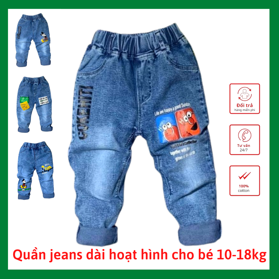 [Hoàn tiền 6%] Quần bò quần jeans dài thu đông mẫu hoạt hình họa tiết chữ  cho bé trai/ gái 7-23kg