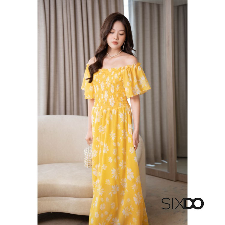 Đầm hoa maxi trễ vai bo chun SIXDO (Floral Maxi Dress)