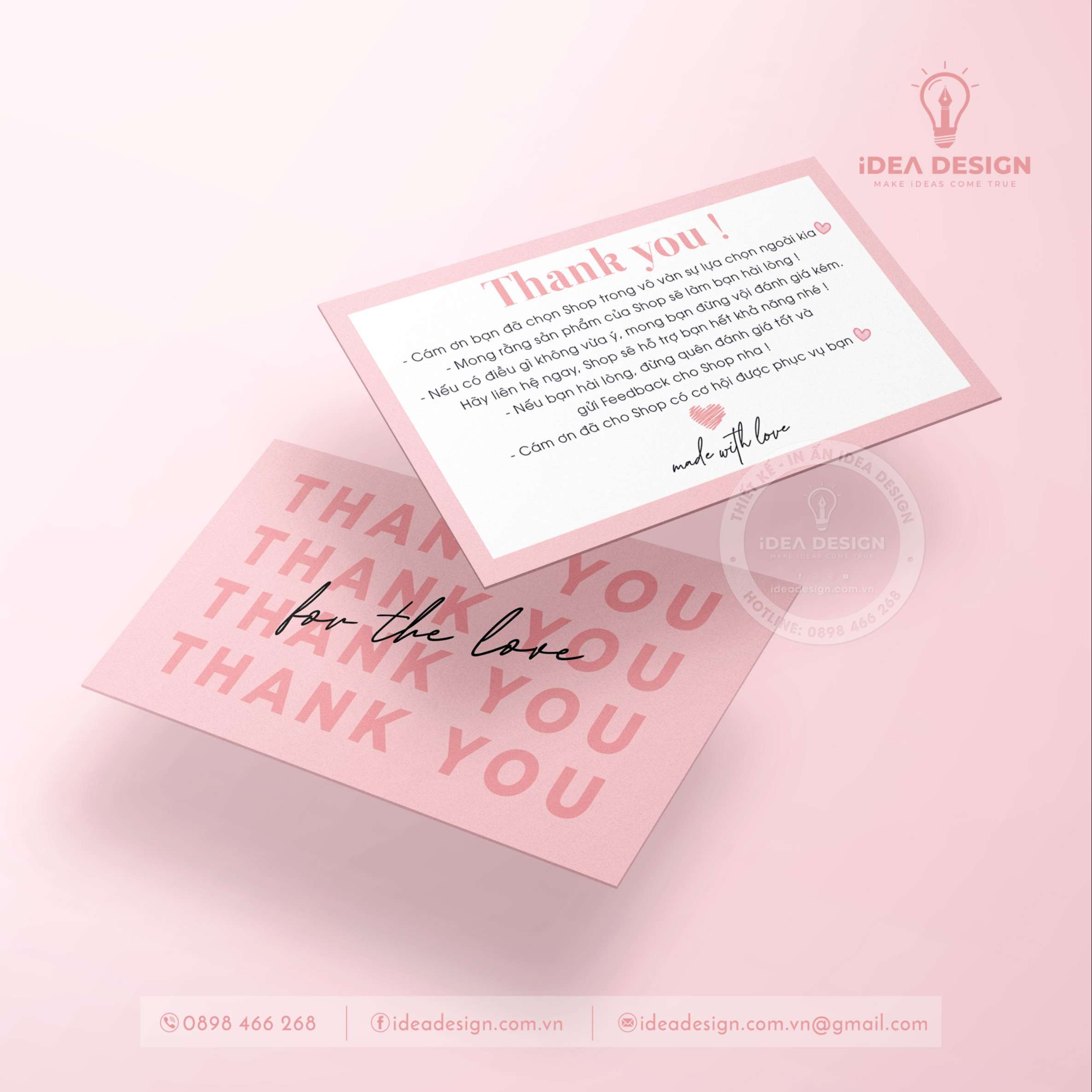 Card Cám Ơn, Card Thank You, Thiệp Cám Ơn, Thiệp Thank You - Size 9x 5.4cm Chất Liệu C300 Cán Màn Mờ 2 Mặt Màu Hồng Sangg Trọng - iDea Design