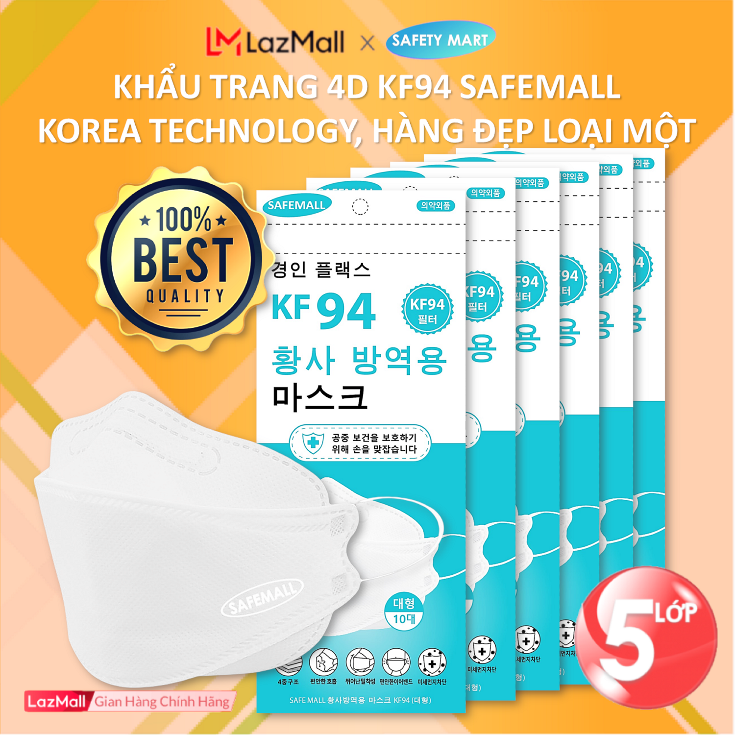 Thùng 300 chiếc khẩu trang y tế 4D KF94 SafeMall N99+  Korea Technology, 5 lớp vải kháng khuẩn, kháng bụi mịn lên đến 95%, đạt tiêu chuẩn ISO - Hàng Chính Hãng Safety Mart Official