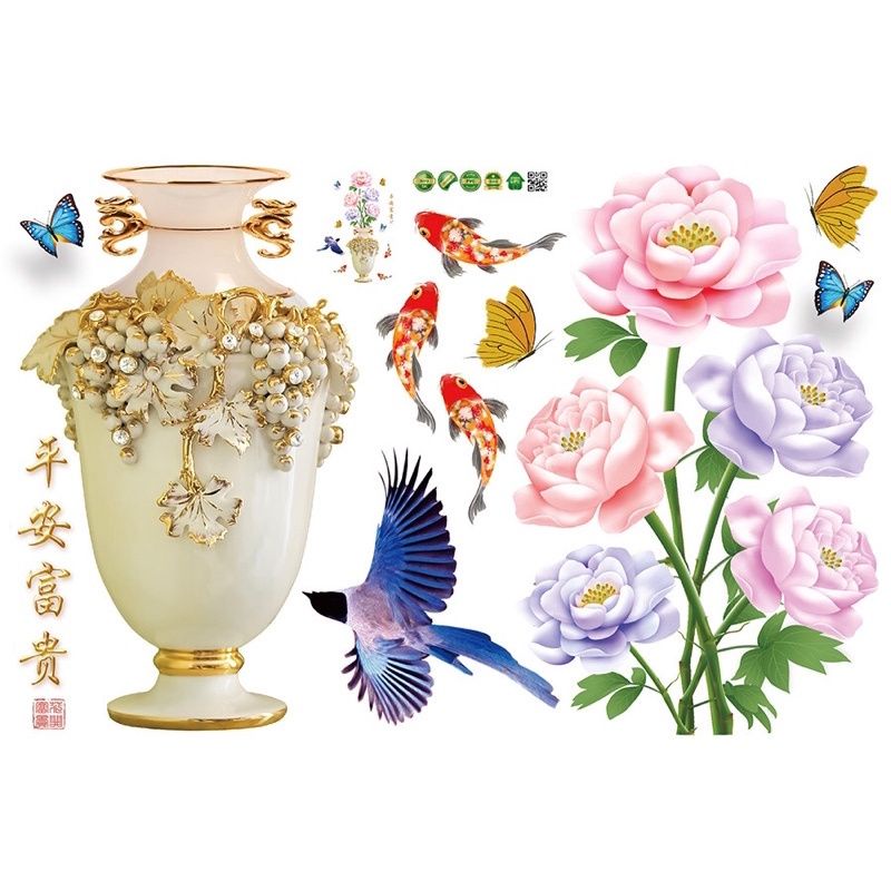 Decal dán tường bình hoa hồng 3D