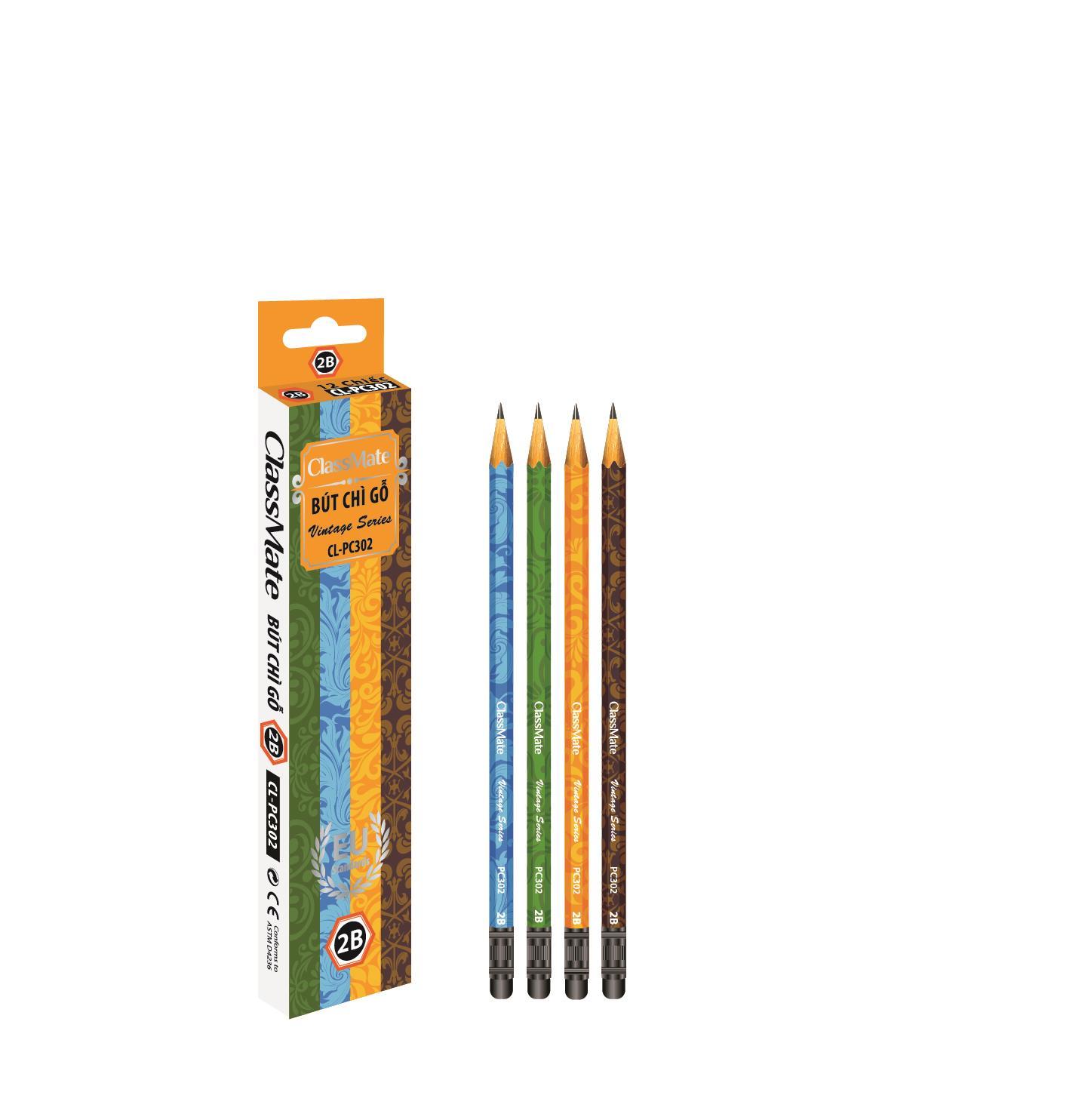 Combo 12 Bút chì gỗ cao cấp ClassMate 2B có gôm CL-PC302