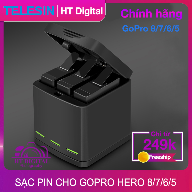 Bộ Sạc Telesin 3 Pin Cho Máy Quay GoPro Hero 5 6 7 8 Hàng Chính Hãng