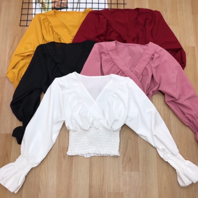 ÁO NỮ * ÁO CROPTOP CỔ CHÉO BO EO NHÚNG (DƯỚI 52KG)