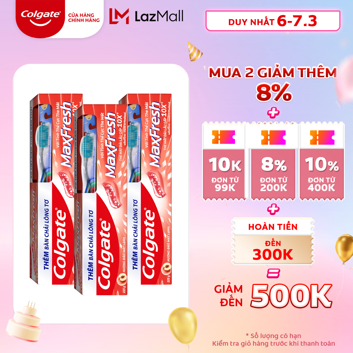 Bộ 3 Kem đánh răng Colgate MaxFresh Hương Đào Mát Lạnh 225g tặng kèm bàn chải