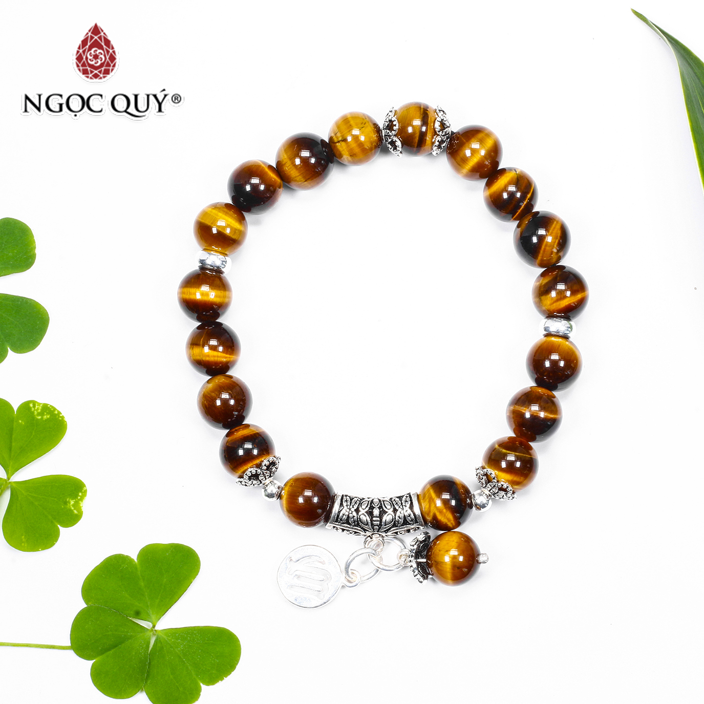 Vòng tay đá mắt hổ vàng nâu charm 12 cung hoàng đạo bạc size hạt 8mm - Ngọc Quý Gemstones