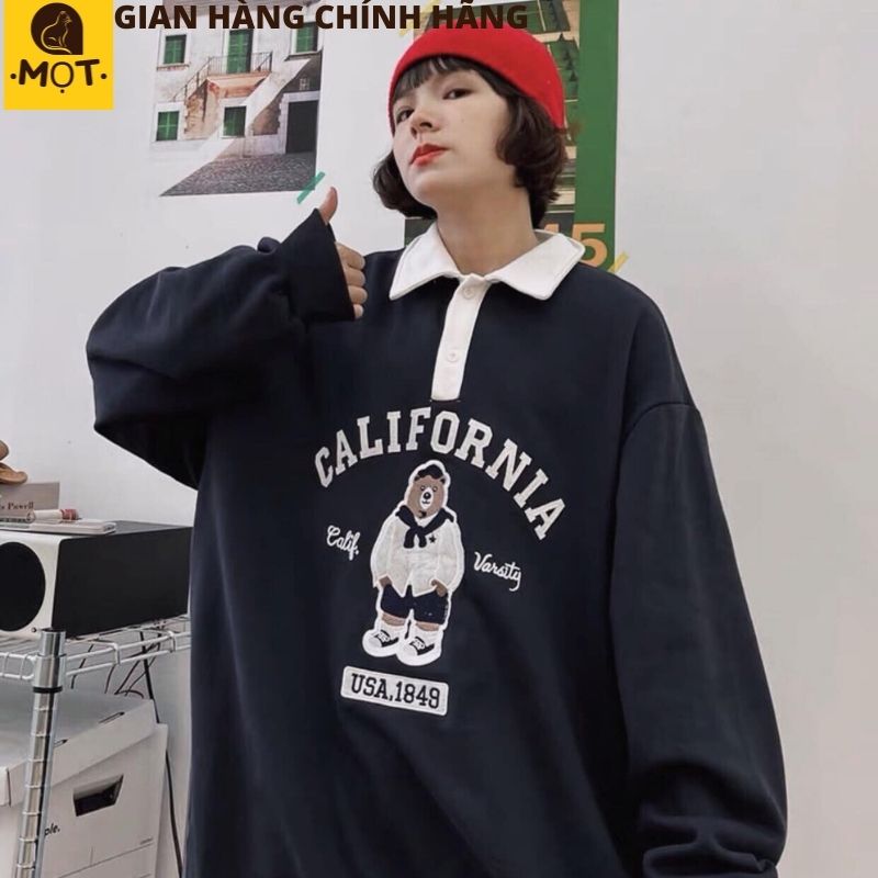 Áo Nỉ Gấu California phối cổ trắng - Áo sweater cổ polo in hình KUTE - Áo Thun Nam Nữ Unisex Dài Tay Form Rộng unisex mặc nhà đi chơi đi học ulzzang hàn quốc - MỌT 