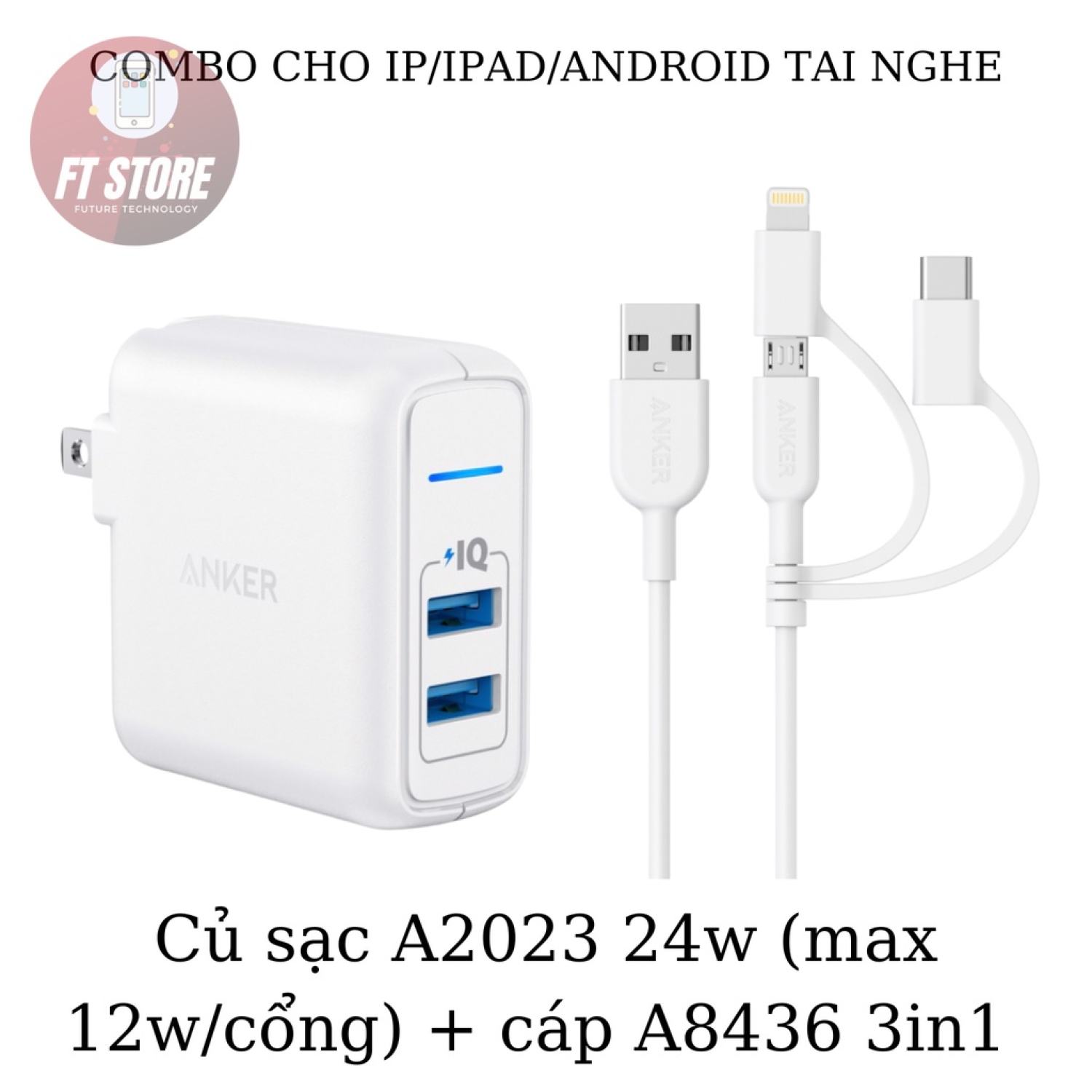 [GIAO HỎA TỐC]Cáp 3 in 1 Anker Powerline II 0.9M-A8436 (-Type C-Micro USB) dành cho IP/tablet táo/Android