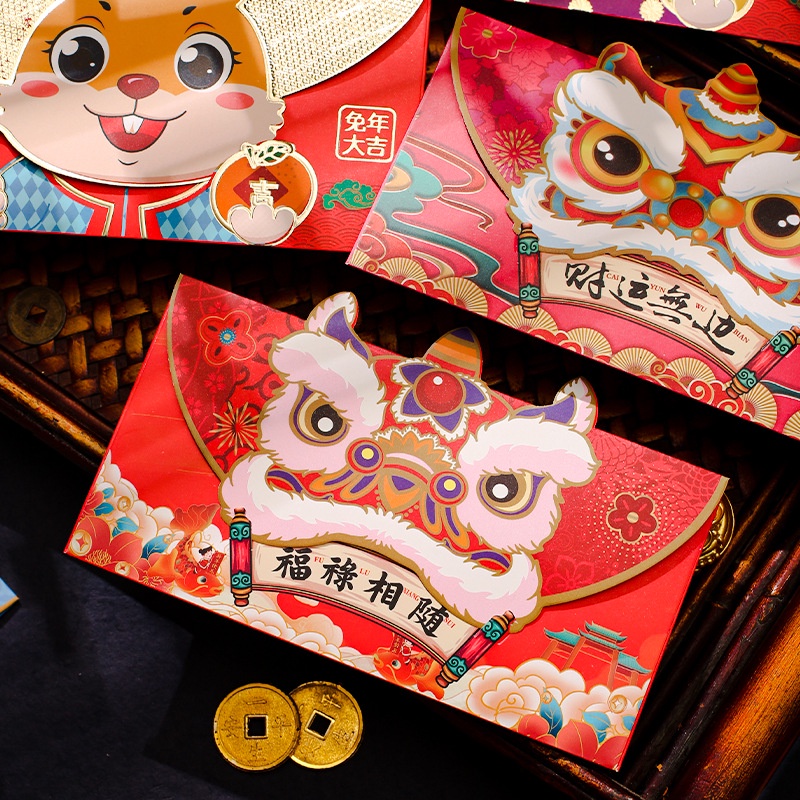 Set 4 Bao Lì Xì Đầu Lân May Mắn Tết 2026