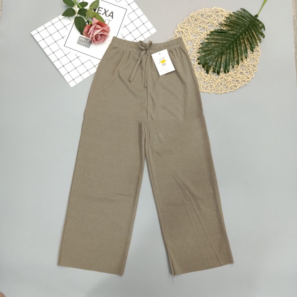 Quần ống rộng culottes ulzzang nữ vải thun tăm gân dáng dài thể thao có dây rút cạp chun Quần ống suông nữ cạp lưng cao