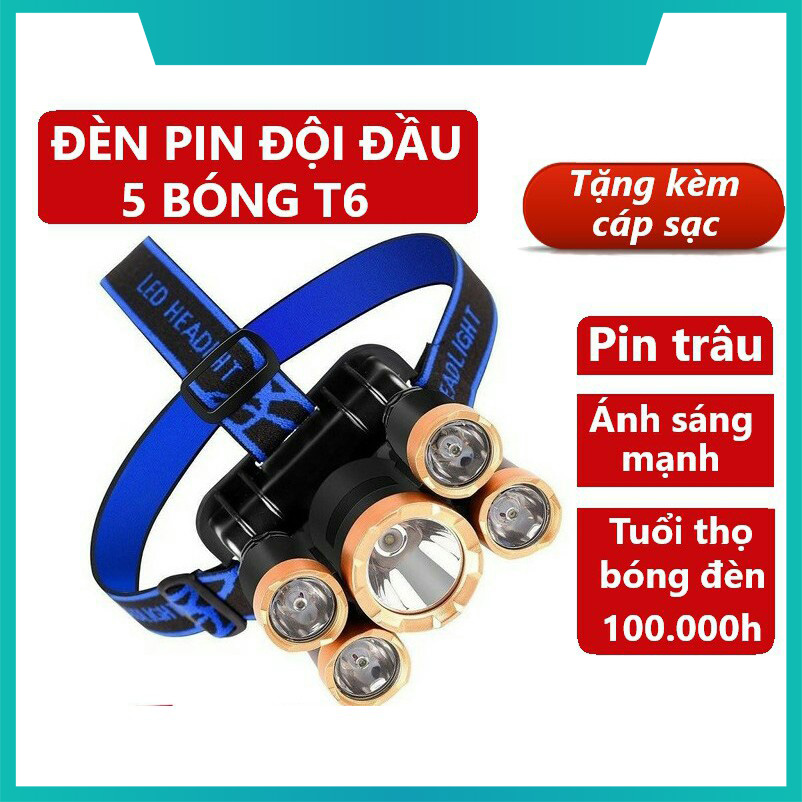 Đèn pin chiếu sáng đội đầu 5 bóng siêu sáng. (Kèm dây sạc và dây đeo trán) - Đèn đeo đầu, đèn đội đầu siêu sáng, đèn đeo trán - Đèn đội đầu lấy ráy tai, đèn pin cầm tay