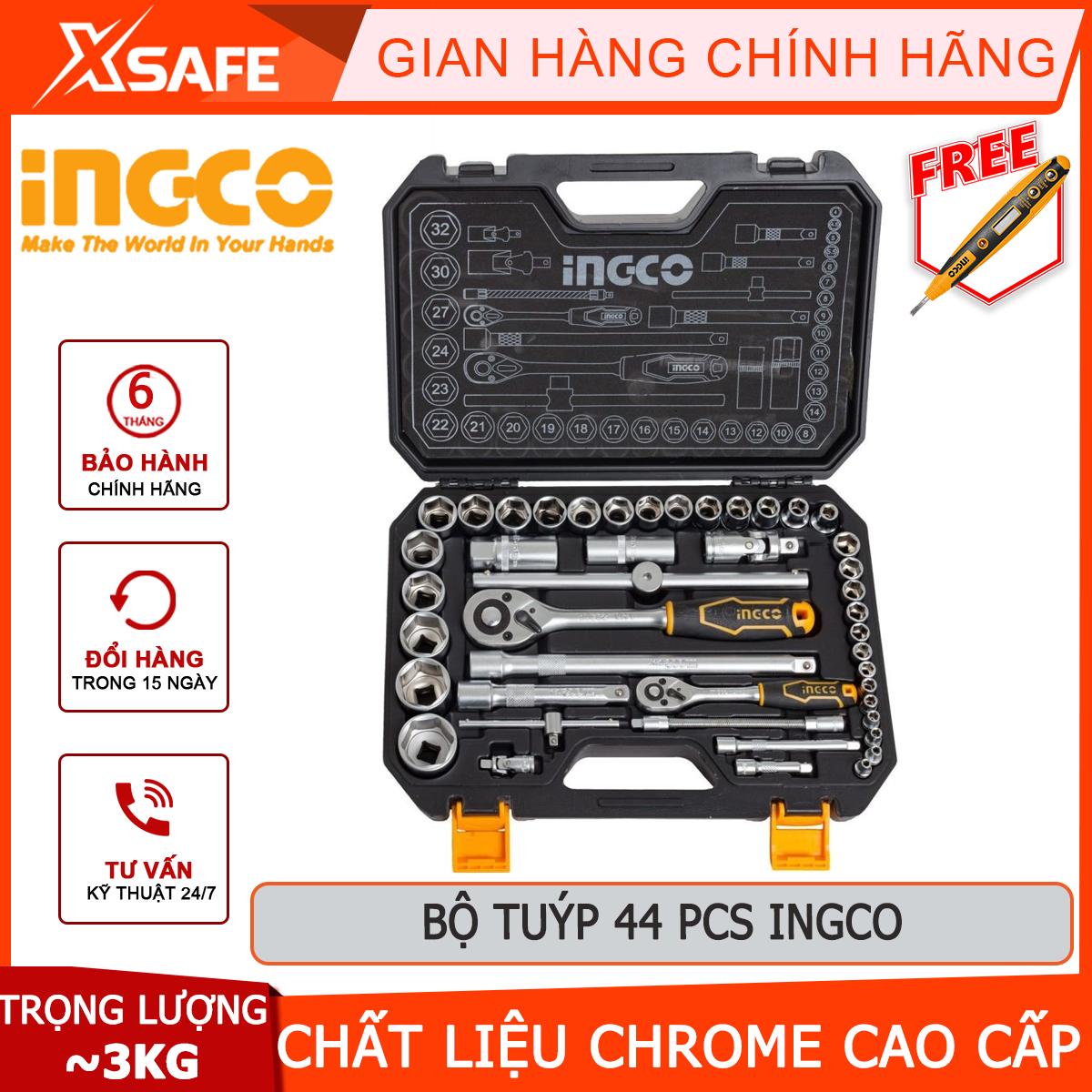 Set Type 44 detailed ingco HKTS42441 | set 44 head tube material chrome steel high-grade, 2 wrench auto, shake, craftsmanship, 31 socket 8 bar mợ wide, connector slide open the stud nut need force screw strong