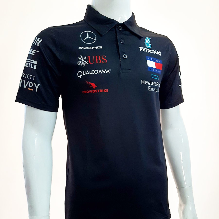 Áo thun nam có cổ tem xe Mercedes Đen