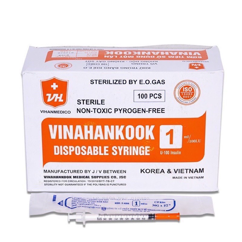 Bộ kim tiêm tiểu đường bơm tiêm vinahankook , sungshum 1ml insulin u-100 đầu kim 30gx1/2 - màu vàng