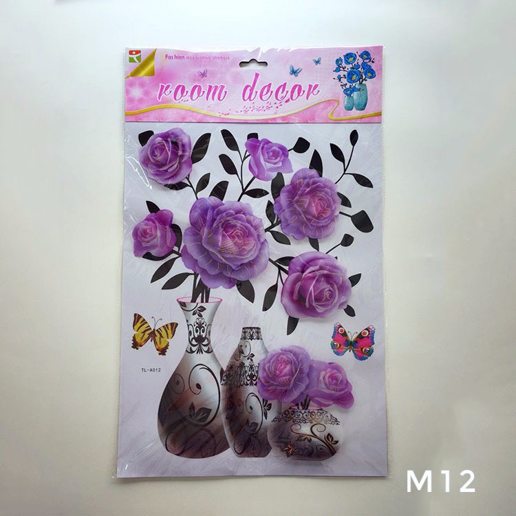 Tranh Decal Dán Bình Hoa 3D Hoa Nổi Trang Trí