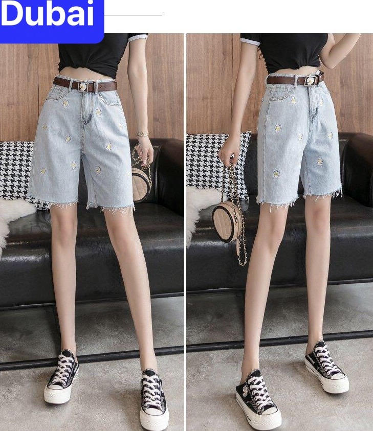 QUẦN SHORT SỌT JEAN LỬNG KIỂU NGỐ NỮ ỐNG RỘNG CHẤT BÒ XANH HOA CÚC  LƯNG CAO NÂNG MÔNG DB-224 - DUBAI FASHION