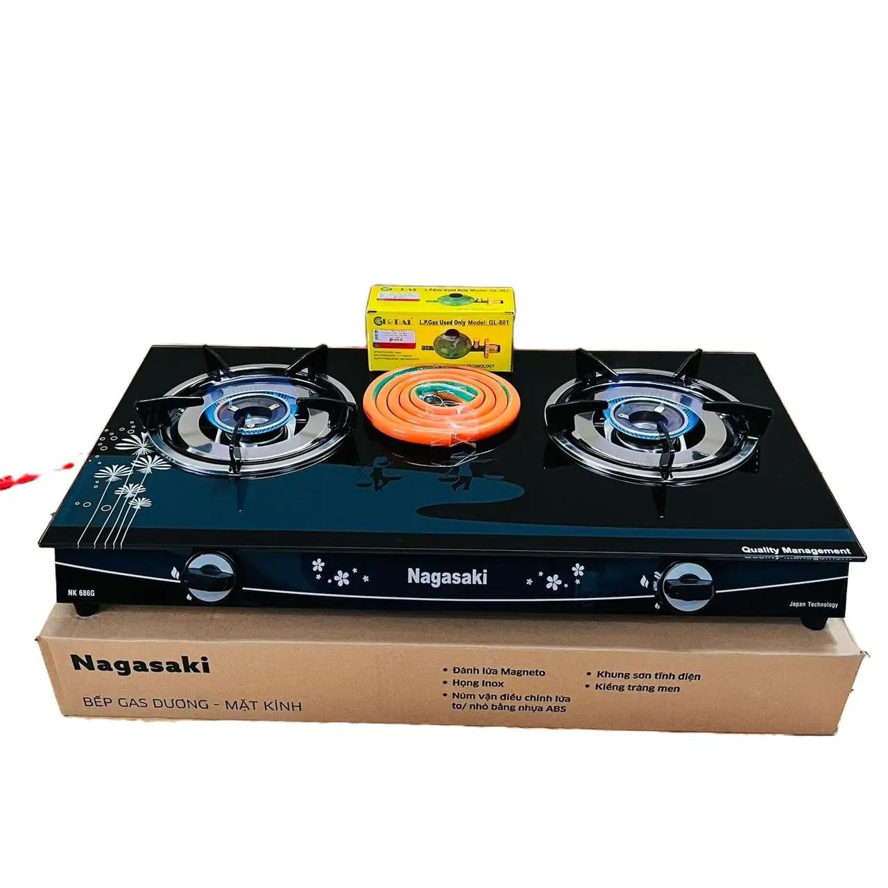 100% new nsaaki nk-686g dual gas saving gas hob + free gas strap clamp-copper burner tempered glass panel-12 months warranty