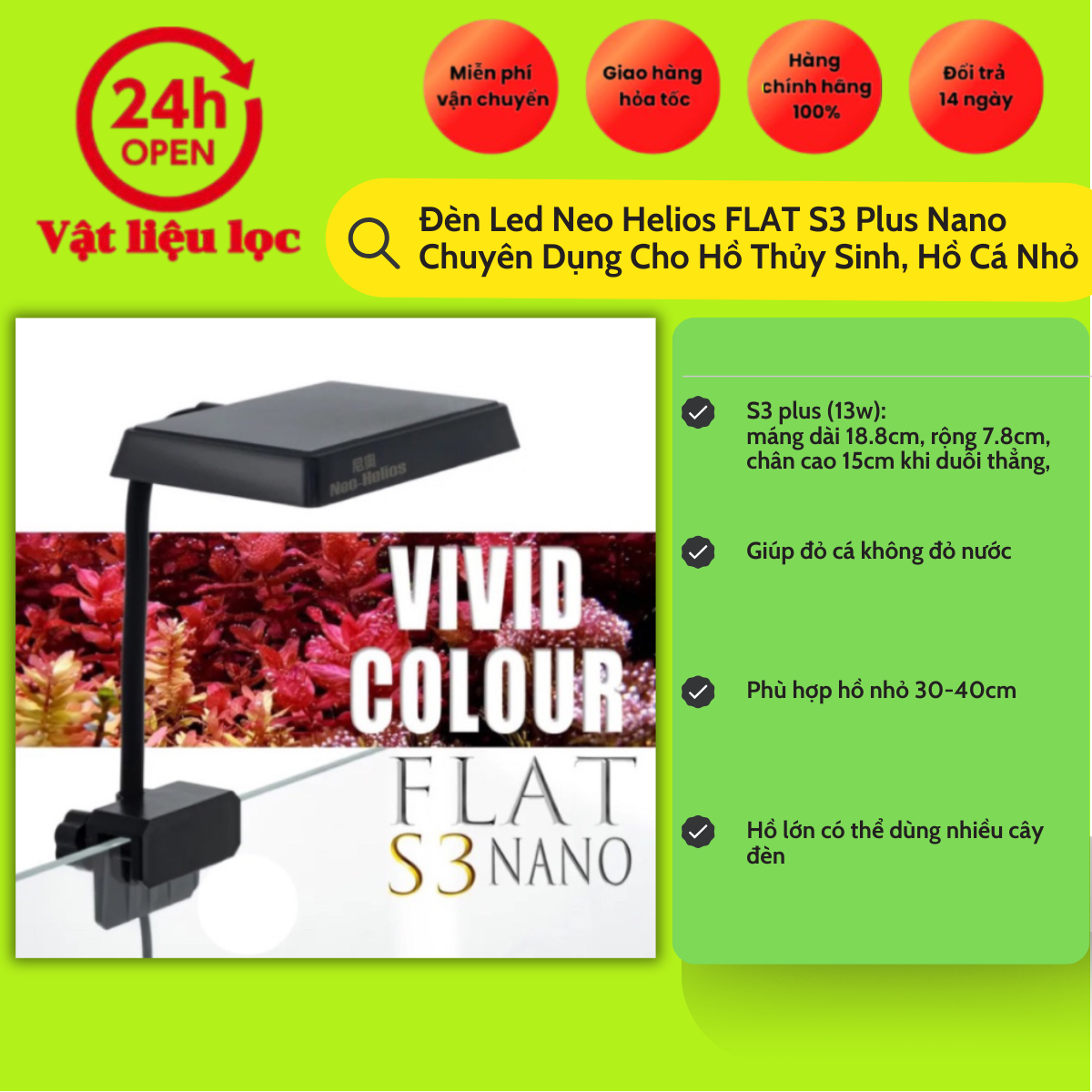 Đèn Flat Nano S3 Plus 13w Đỏ Cá Không Đỏ Nước dành cho bể cá