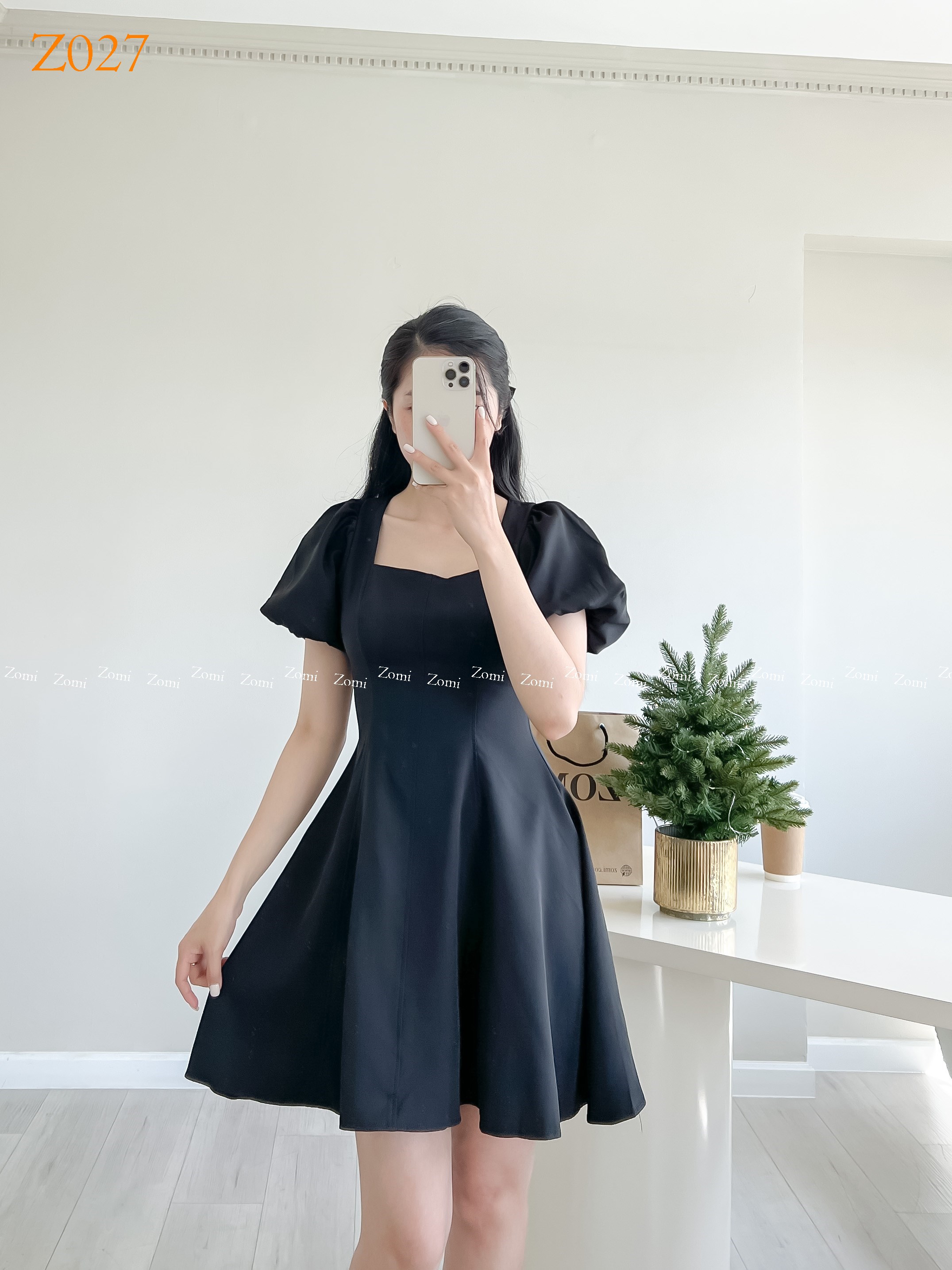 Đầm dự tiệc tay phồng cột nơ lưng dáng xòe