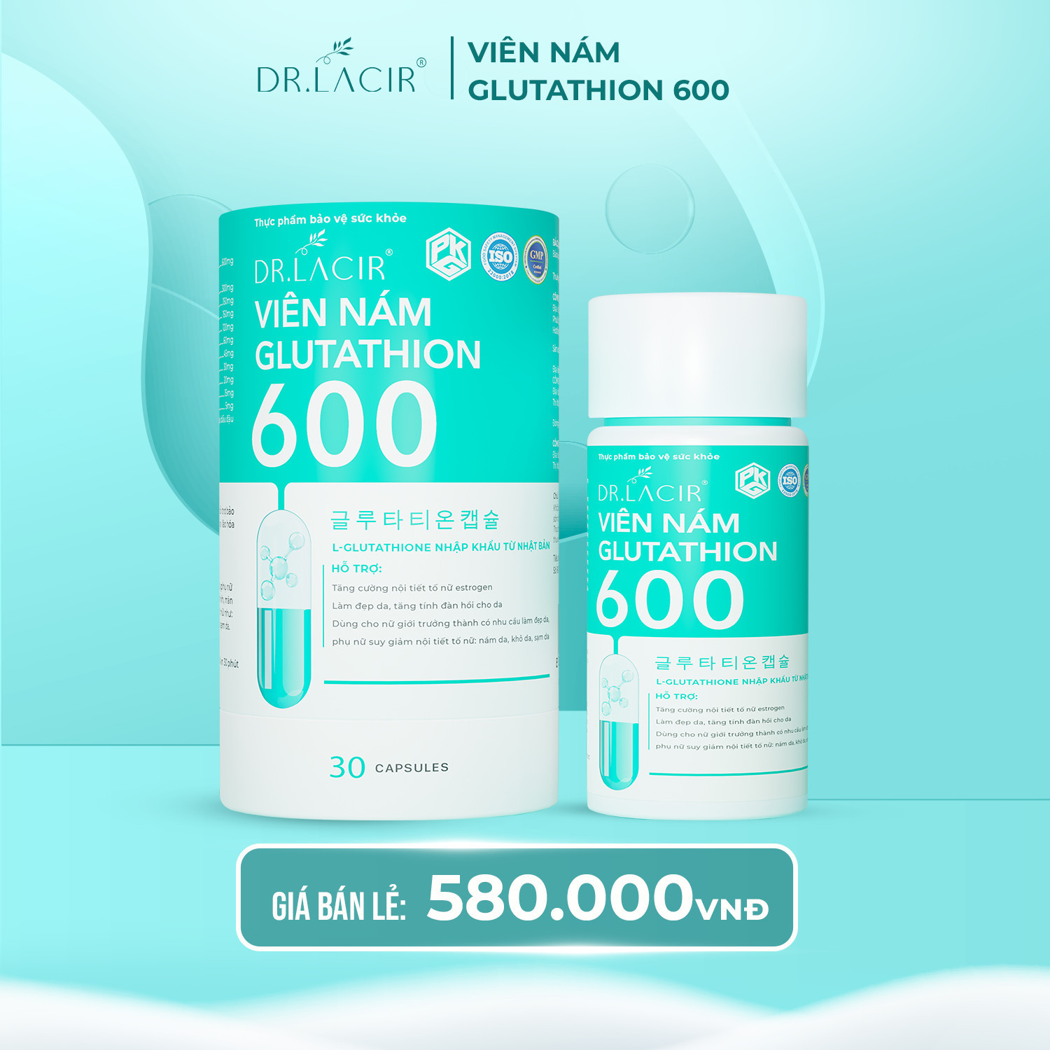 Viên uống nám trắng da glutathione 600 Dr Lacir 30 Viên, cam kết chính hãng, mẫu mới