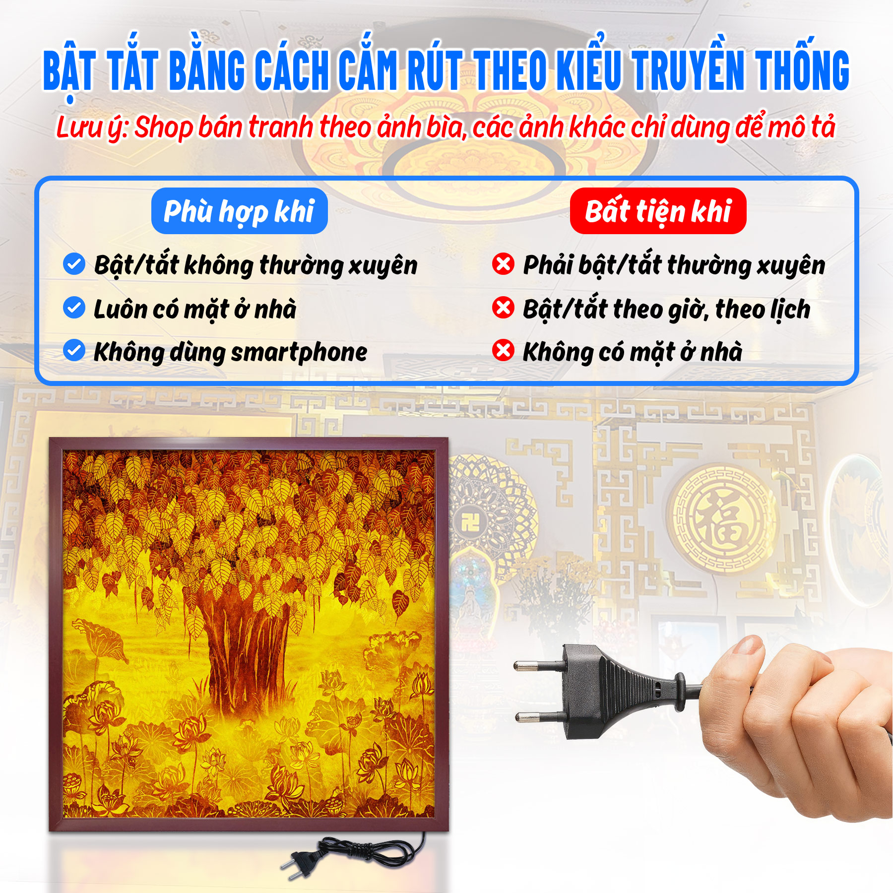 Đèn thờ tranh trúc chỉ vuông chân thiện mỹ, đèn led hào quang phật, tranh thờ trúc chỉ cây bồ đề tc-tv-05