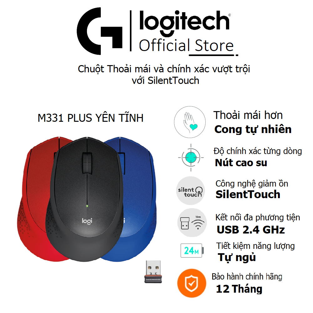 Chuột không dây Yên lặng Logitech M331 Silent Plus - Kết nối cổng USB - Bảo hành 12 tháng