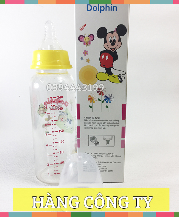 [Tặng 1 Núm Ty] Bình Sữa Cổ Hẹp PC 250ml Dolphin - Hàng Công Ty-DP017