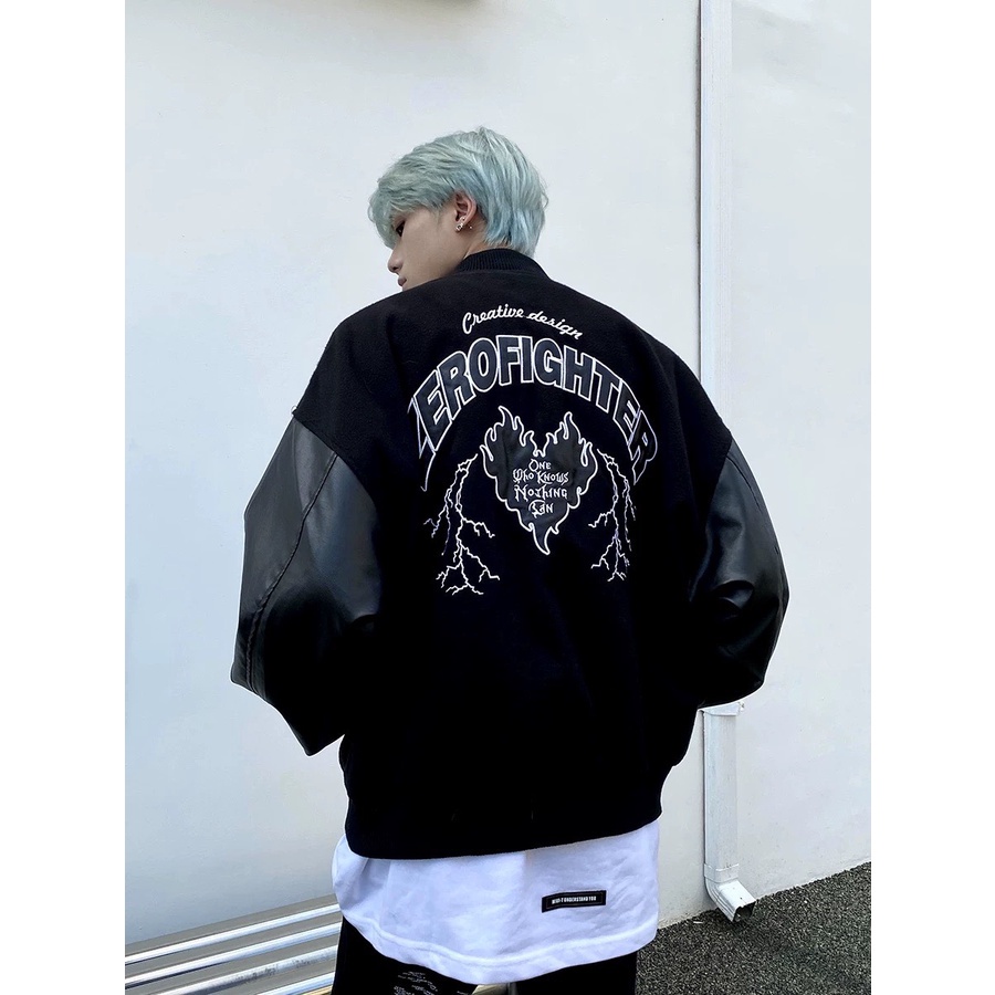 Áo Khoác Phối Tay Da, Áo Bomber Unisex FOR GET