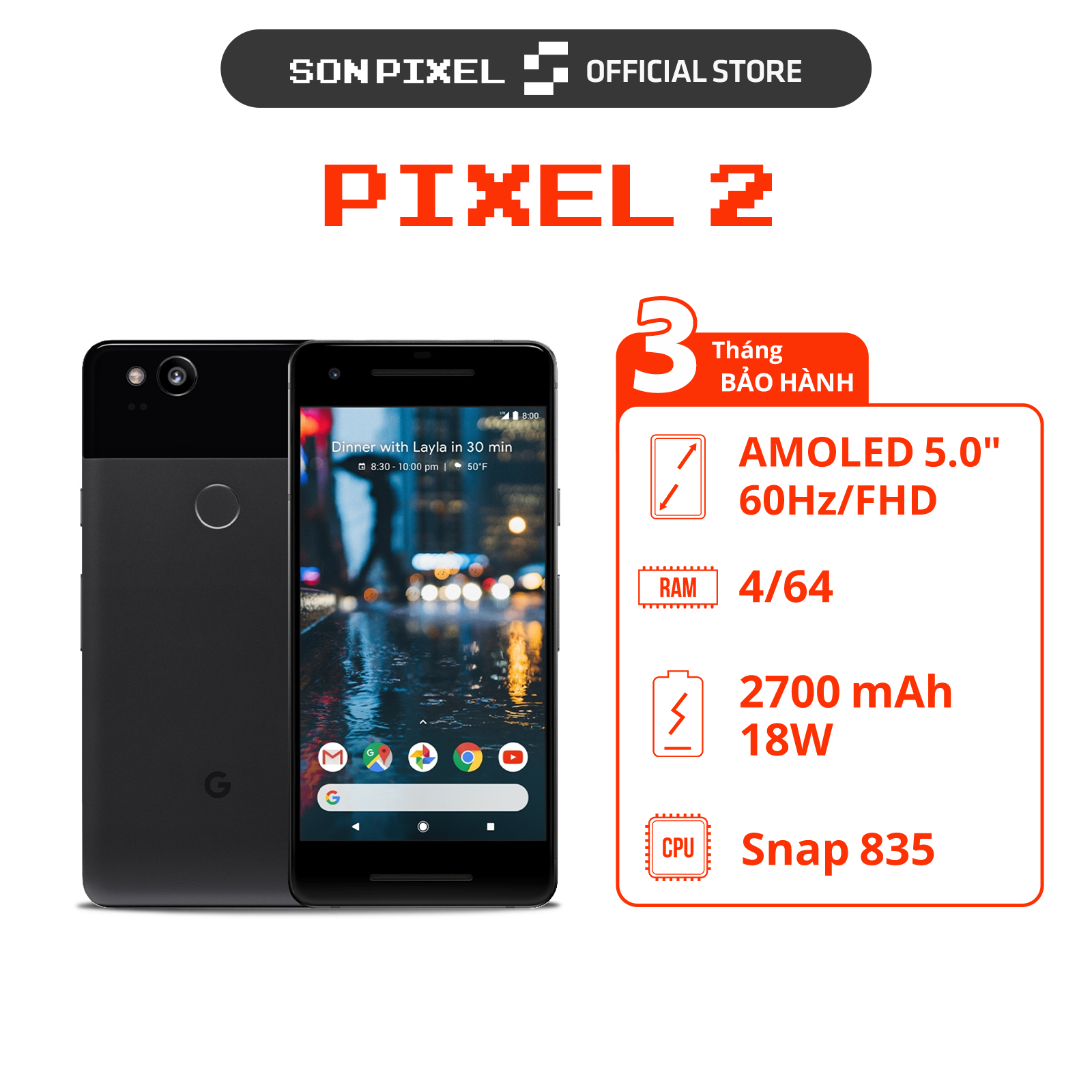 Google Pixel 2, Snapdragon 835 chip, 4/64GB RAM. Sonpixel plug kit
