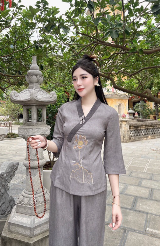 Pháp phục đi chùa đi lễ thêu sen cổ Y