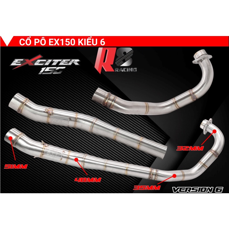 Cổ pô tăng r8 racing ex150 / y15zr inox 304 32 - 35 - 38 mm